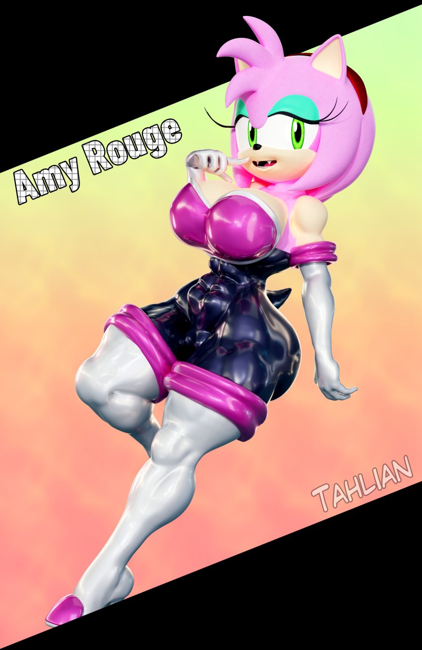 3d_(artwork) amy_rose amy_the_bat anthro big_breasts bodysuit breast curvy_body curvy_female curvy_figure curvy_girl elbow_gloves high_heels long_gloves muscular_female neckline pink_hair rouge_the_bat_(cosplay) sega sonic_(series) sonic_the_hedgehog_(series) spandex spandex_suit tahlian