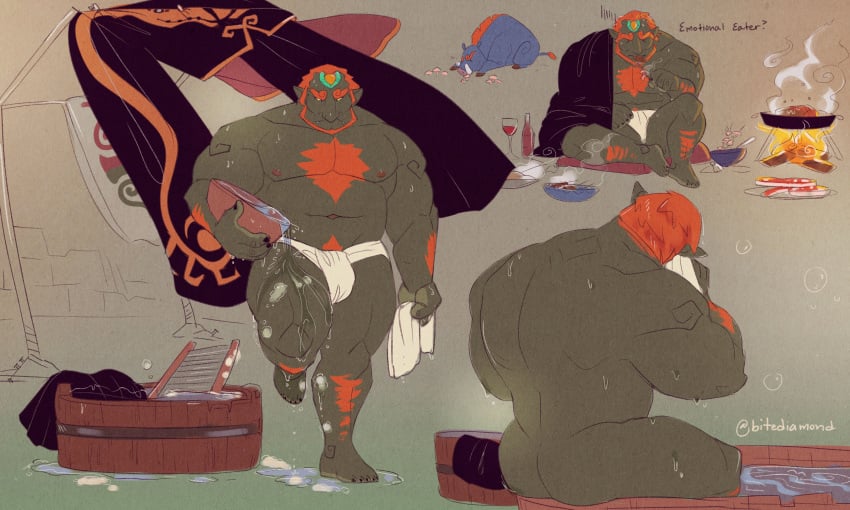 balls bara beard bitediamond bulge diamondwerewolf facial_hair flaccid ganondorf ganondorf_(wind_waker) gerudo green_body green_skin male male_only muscles muscular muscular_male nintendo no_visible_genitalia nude red_hair solo solo_male sweat sweating the_legend_of_zelda wind_waker