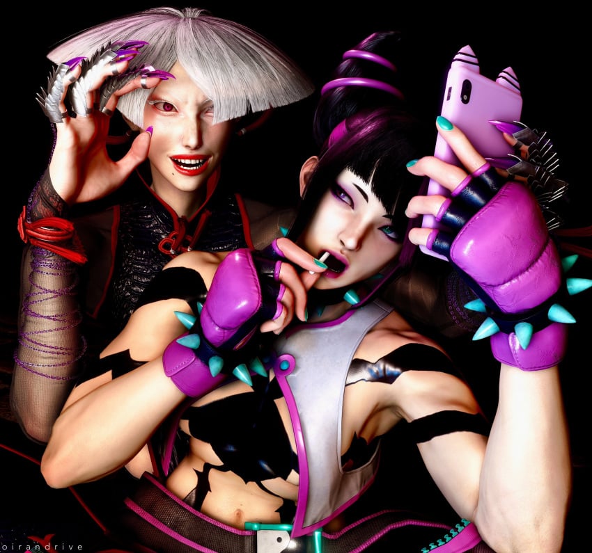 2females 2girls 2women 3d 3d_(artwork) 3d_model a.k.i. capcom duo duo_female duo_focus female/female friendly green_eyes heterochromatic_eyes juri_han light-skinned_female light_skin oirandrive purple_eye red_eyes selfie street_fighter street_fighter_6