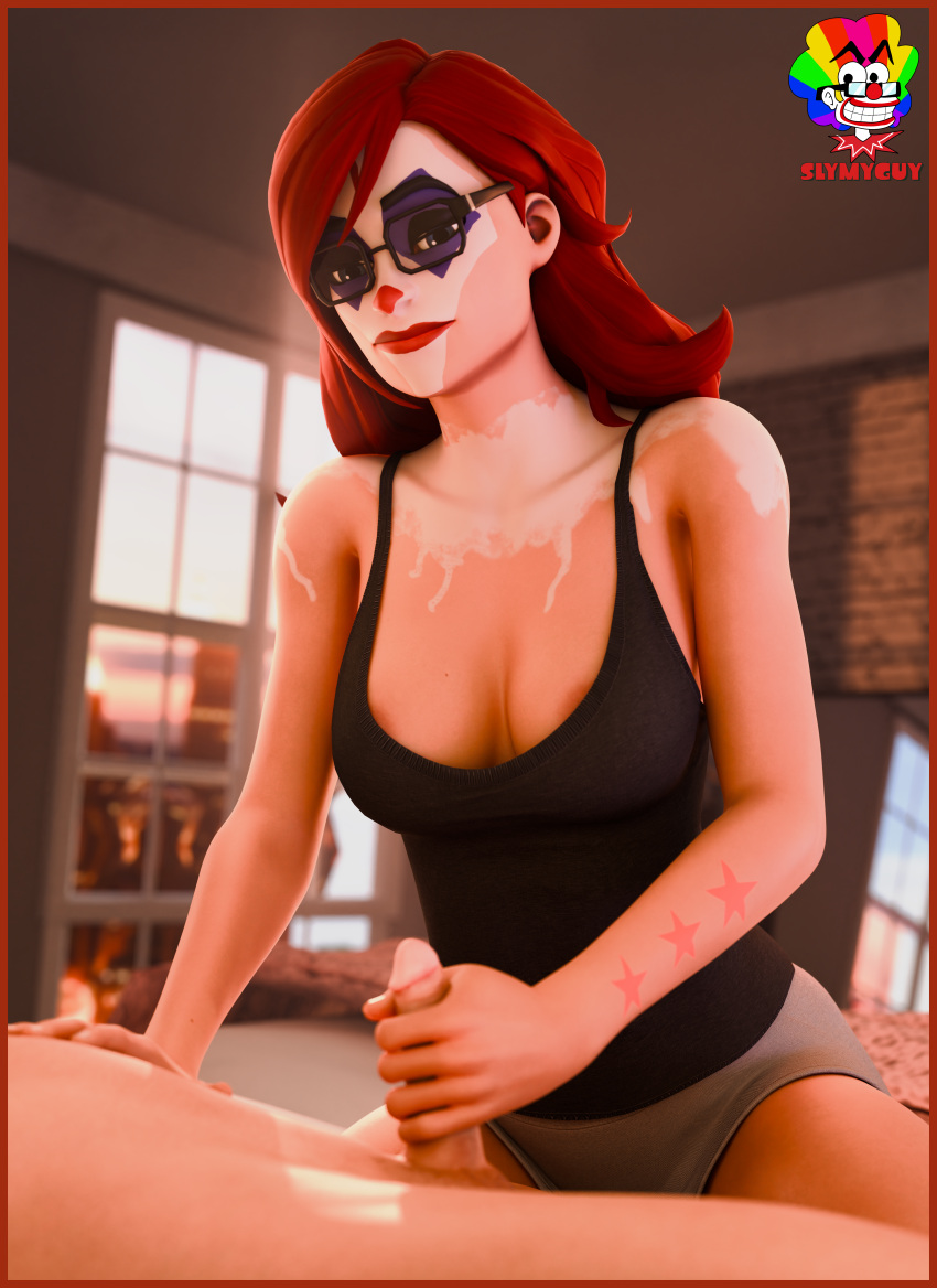 big_breasts clown clown_girl clown_makeup clussy fortnite handjob peekaboo_(fortnite) red_hair shorts slymyguy tank_top