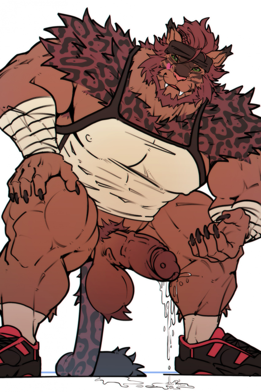 abs anthro balls bara barazoku bodily_fluids felid final_fantasy final_fantasy_xiv fur genital_fluids genitals hi_res hrothgar humanoid_genitalia humanoid_penis leaking_precum male male_only mammal matcharyu muscular muscular_anthro muscular_male muscular_thighs nipples pecs penis precum solo square_enix vein veiny_penis