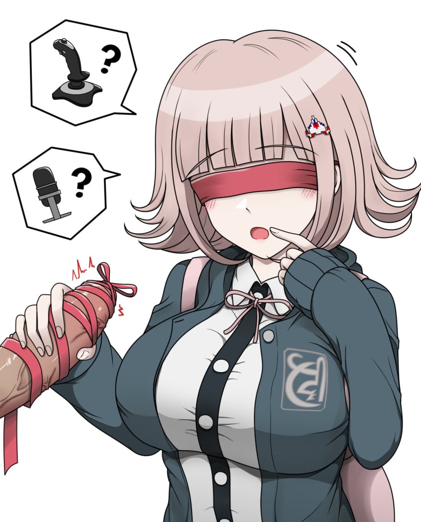 1boy 7-cs :o black_jacket black_shirt blindfold breasts controller danganronpa danganronpa_2:_goodbye_despair dress_shirt female flipped_hair galaga gon_(congchuabuoito) hair_ornament handjob highres jacket joystick large_breasts medium_hair microphone nanami_chiaki neck_ribbon open_clothes open_jacket penis pink_ribbon red_blindfold ribbon shirt sleeves_past_wrists solo_focus speech_bubble two-tone_shirt veins veiny_penis