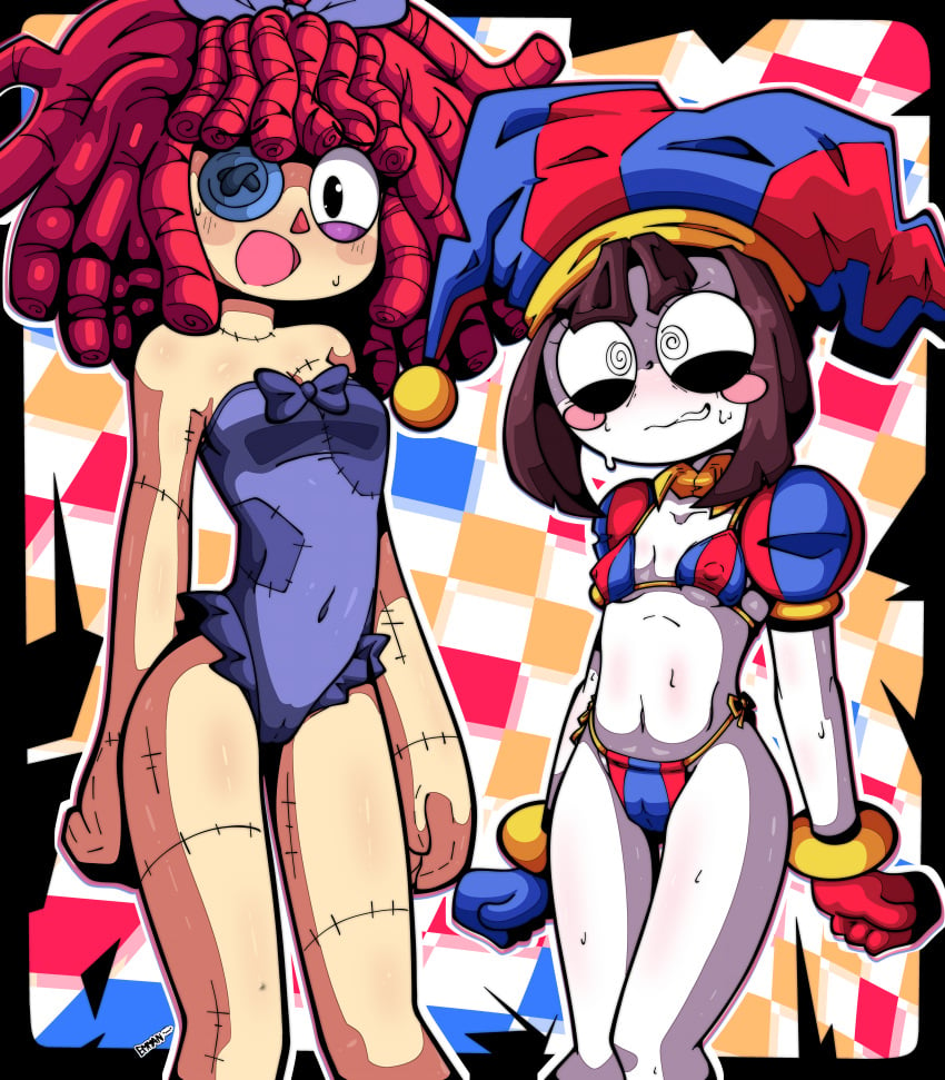 2girls absurd_res bikini cameltoe emmavania height_difference navel nipple_bulge one-piece_swimsuit pale_skin pomni_(the_amazing_digital_circus) ragatha_(the_amazing_digital_circus) the_amazing_digital_circus