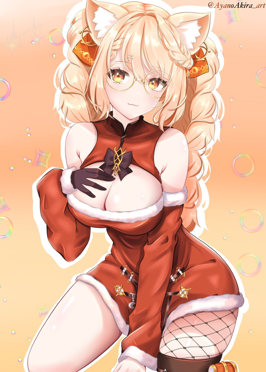 animal_ear_fluff animal_ears bare_shoulders black_gloves blonde_hair braid breasts cat_ears cleavage cleavage_cutout clothing_cutout detached_sleeves dress ebiko_(vtuber) female fishnets glasses gloves hand_on_own_chest large_breasts long_hair looking_at_viewer red_dress round_eyewear smile solo virtual_youtuber yellow-framed_eyewear yellow_eyes