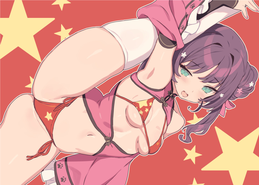 bangs belly_button bikini blade_(galaxist) blue_eyes bridal_gauntlets chinese_clothes chinese_flag eyebrows_visible_through_hair hair_bun hair_ornament hair_ribbon one_leg_up open_mouth original purple_hair small_breasts thick_thighs thighhighs thighs twintails