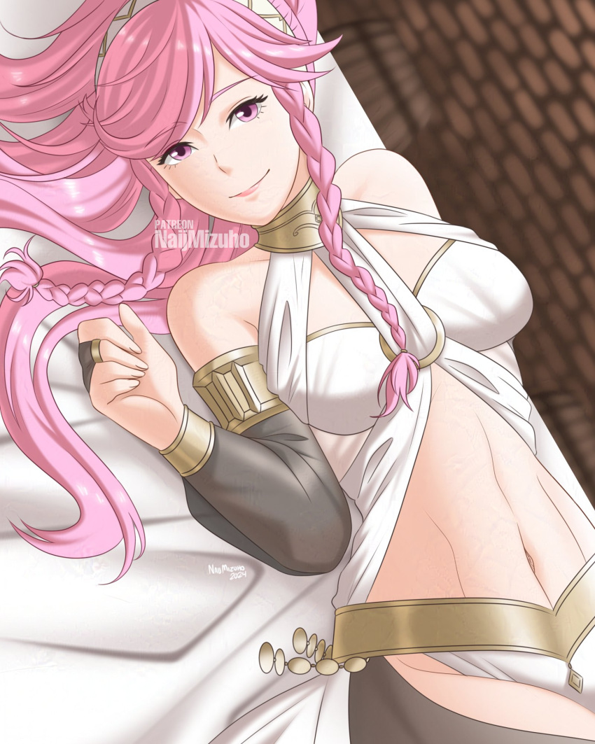 1girls bare_thighs braids breasts dancer dancer_outfit female female_only fire_emblem fire_emblem_awakening hairband inner_thighs looking_at_viewer medium_breasts naijmizuho nintendo olivia_(fire_emblem) on_back on_bed panties pink_eyes pink_hair solo thighs underwear white_panties