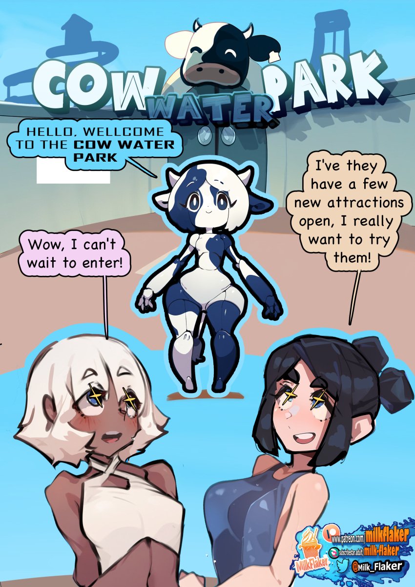 +_+ 3girls ^_^ a-pose amusement_park arched_back arm_across_waist arms_behind_back artist_name bare_arms bare_shoulders big_forearms black_hair blue_eyes blunt_bangs bovine clenched_hand closed_mouth colored_skin comic comic_page comic_panel competition_swimsuit cow cow_horns cow_print cow_tail cream_hair curvy cute dark-skin dark-skinned_female daydream dot_nose double_bun droid ear_tag english english_text first_page front_view full_body gynoid gynomorph hair_flaps happy highleg_bikini highleg_swimsuit hips humanoid humanoid_robot joints light-skinned_female light_skin long_eyelashes looking_at_viewer looking_up mechanical_arms medium_breasts medium_hair milk_flaker mouth multicolored_background multiple_girls naive navel nose open_mouth original outstretched_hand pale-skinned_female pale_skin panels parted_bangs patreon_logo patreon_username print_hair robot robot_joints shiny_skin short_hair short_horns sidelocks small_breasts small_horns smile speech_bubble standing starry_eyes straight_hair subscribestar_logo subscribestar_username tareme thick_eyebrows thick_eyelashes twitter_logo twitter_username uncanny_valley uncensored upper_teeth_only wasp_waist watermark waterpark white_bikini white_hair white_horns white_pupils wide_hips