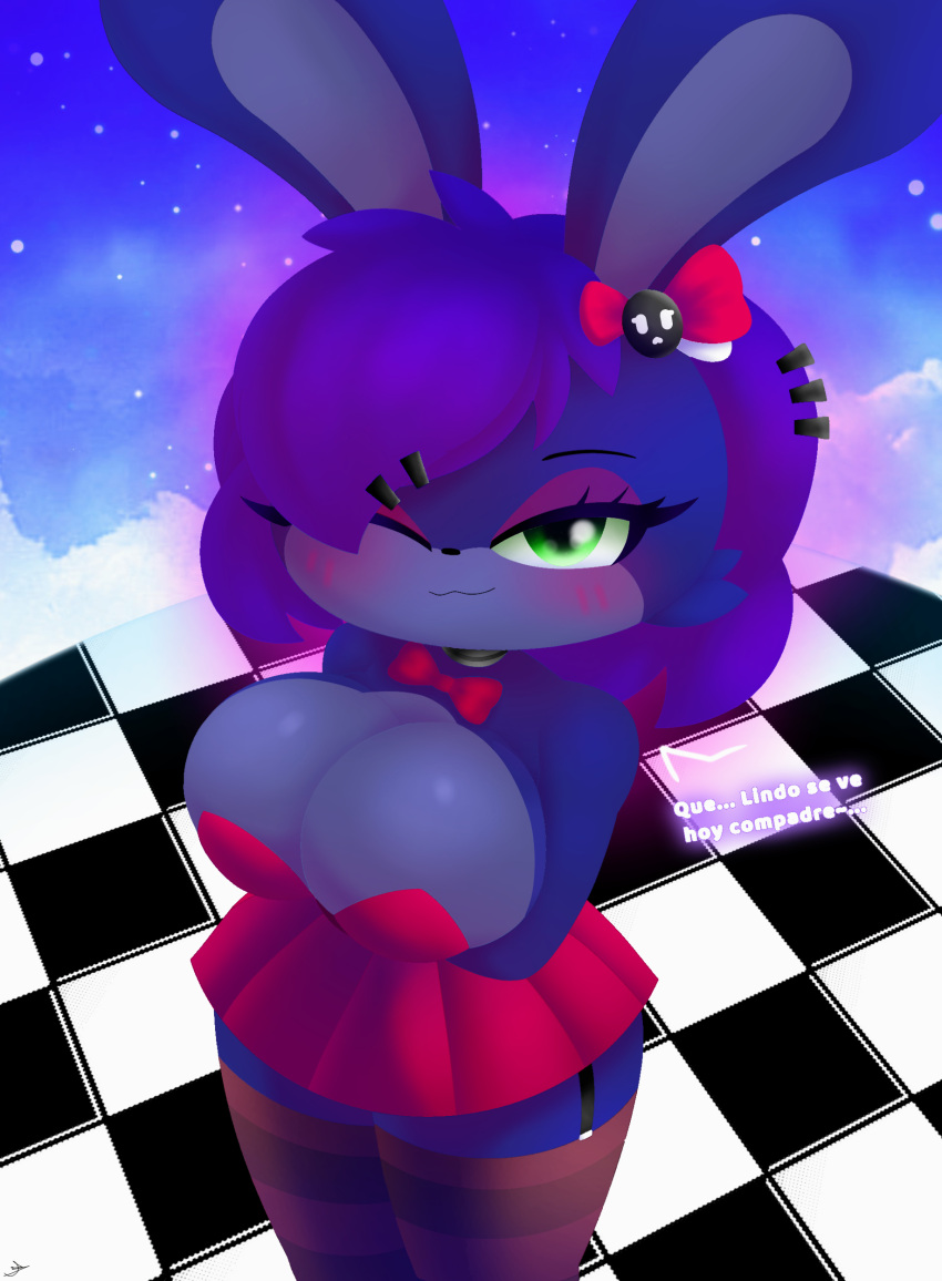 green_eyes purple_hair purple_skin rabbit rabbit_ears red_bowtie red_clothing red_socks skirt spanish_text wloter