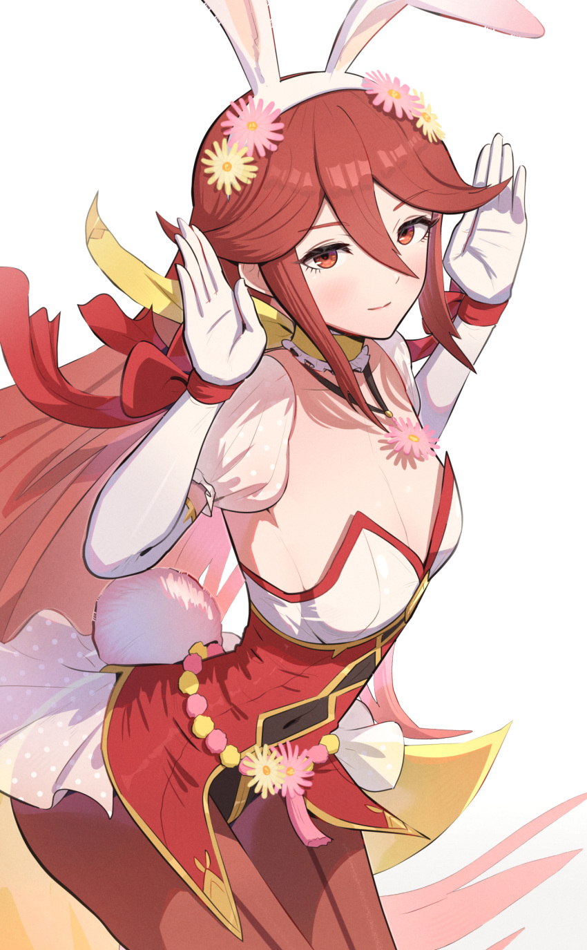 1girls absurdres alternate_costume animal_ears ass big_ass blush breasts bunny_ears bunny_girl bunnysuit cleavage collarbone cordelia_(fire_emblem) cordelia_(spring)_(fire_emblem) cowboy_shot fake_animal_ears fake_tail female female female_only fire_emblem fire_emblem_awakening fire_emblem_heroes flower gloves gonzarez hair_flower hair_ornament hands_up highres jewelry leotard long_hair looking_at_viewer medium_breasts necklace nintendo official_alternate_costume pantyhose playboy_bunny puffy_short_sleeves puffy_sleeves rabbit_ears rabbit_tail red_eyes red_hair red_leotard red_pantyhose scarf short_sleeves simple_background smile solo strapless strapless_leotard tail very_long_hair white_background white_gloves wrist_cuffs yellow_scarf