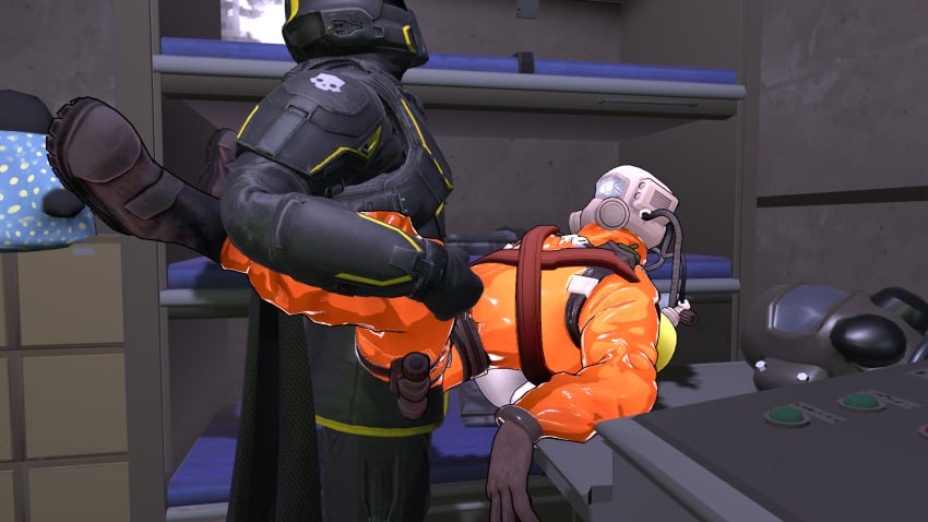 boy_on_boy fully_clothed gay helldivers helldivers_2 intimate lethal_company male/male male_only mask masked masked_male on_surface pinned pinned_down sex_on_table standing standing_sex straddling vrchat