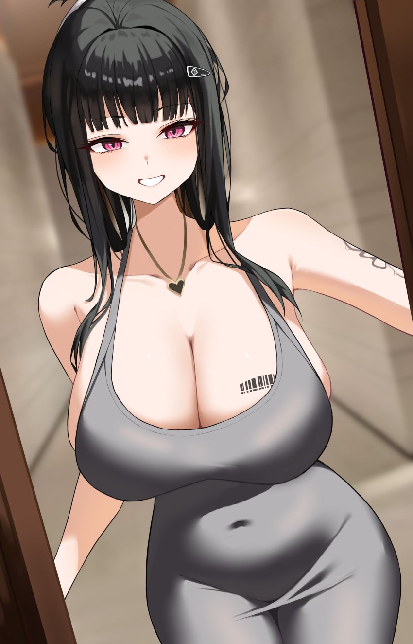 1girls artist_request barcode_tattoo black_hair bra breast_tattoo breasts cleavage d_(killer_wife)_(nikke) d_(nikke) dress female goddess_of_victory:_nikke huge_breasts light-skinned_female light_skin long_hair red_eyes solo tattoo thick_thighs wide_hips