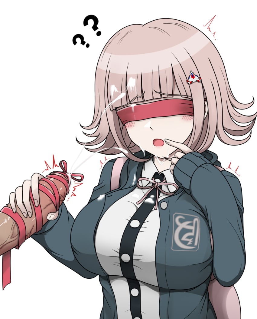 1boy 7-cs :o ? ?? black_jacket black_shirt blindfold breasts cum danganronpa danganronpa_2:_goodbye_despair dress_shirt facial female flipped_hair galaga gon_(congchuabuoito) hair_ornament handjob highres jacket large_breasts medium_hair nanami_chiaki neck_ribbon open_clothes open_jacket penis pink_ribbon red_blindfold ribbon shirt sleeves_past_wrists solo_focus two-tone_shirt veins veiny_penis