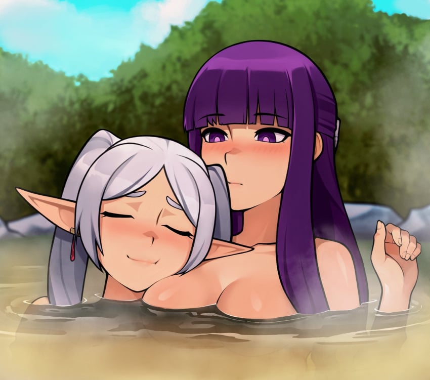 2girls blunt_bangs blush breasts closed_mouth earrings facing_viewer female female_only fern_(sousou_no_frieren) frieren hand_up highres hot_spring jewelry large_breasts long_hair loodncrood multiple_girls onsen parted_bangs pointy_ears purple_eyes purple_hair shiny_skin smile sousou_no_frieren twintails water white_hair wholesome