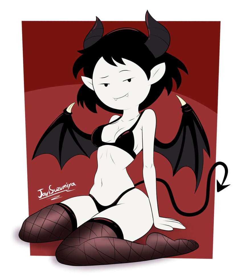 adventure_time fangs female horns javisuzumiya marceline marceline_abadeer red_background small_breasts solo stockings succubus tagme vampire_girl white_background