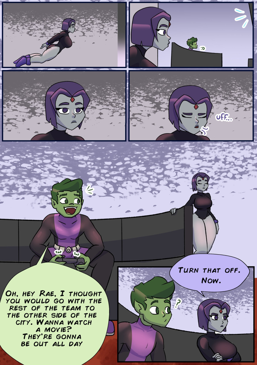 beast_boy big_breasts breasts comic comic_page couple dc dc_comics dialogue evil_raccoon garfield_logan green_eyes green_hair green_skin grey_body leotard purple_eyes purple_hair rachel_roth raven_(dc) short_hair teen_titans thick_thighs video_games