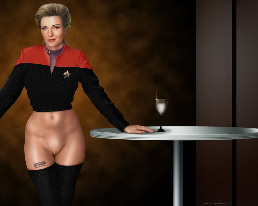 barcode barcode_tattoo bare_pussy brown_hair cowboy_shot female female_only glass_of_wine hairless_pussy hand_on_table human icc kate_mulgrew kathryn_janeway looking_at_viewer mature_female medium_breasts milf no_panties no_pants shaved_pussy smirk standing star_trek star_trek_voyager thighhighs uniform_top vulva wine_glass