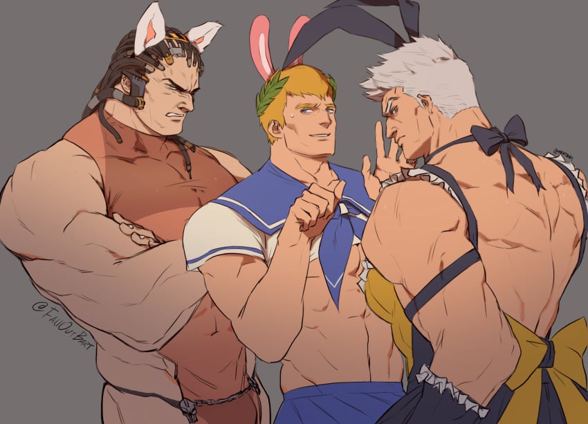 3boys bunny_ears bunnysuit crop_top crossdressing falloutbart gay imperial_fists_(space_marine) imperium_of_man iron_warriors lingerie manly_crossdresser muscular_male perturabo post-human primarch roboute_guilliman rogal_dorn ultramarines warhammer_(franchise) warhammer_40k