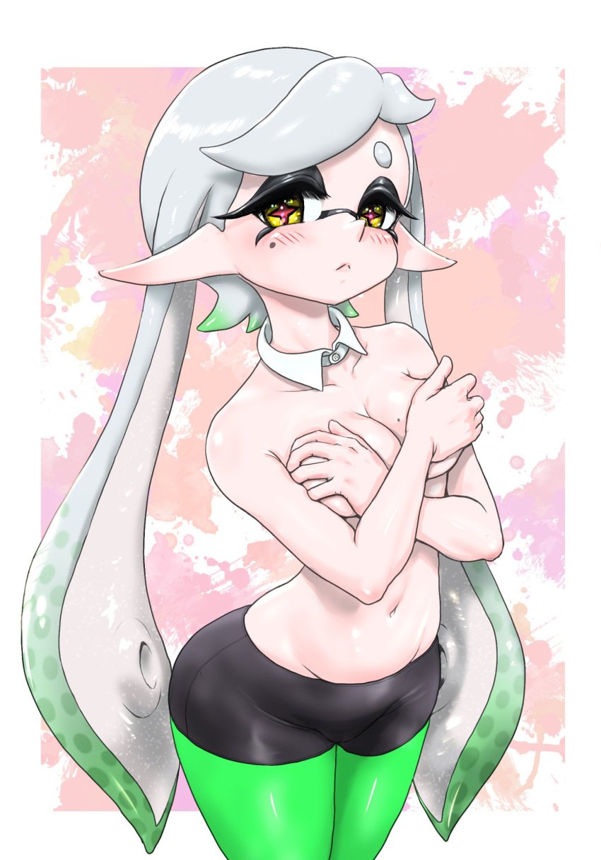 covering_breasts inkling inkling_girl koharuno2 marie_(splatoon) splatoon splatoon_(series) tagme tentacle_hair topless topless_female