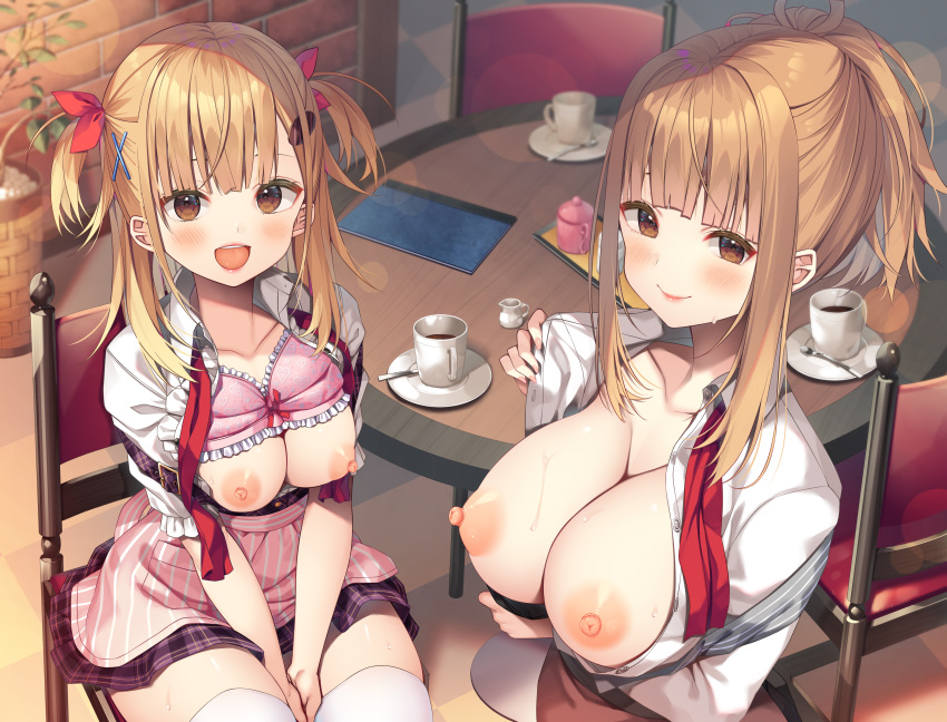 2girls :d absurdres arm_under_breasts arms_between_legs asa_no_ha_(awayuki) black_skirt blunt_bangs blush bra bra_lift breasts brick_wall brown_hair brown_skirt chair cleavage closed_mouth coffee_cup collarbone collared_shirt cup disposable_cup dress_shirt frilled_bra frills hair_ornament hair_ribbon highres indoors large_breasts lens_flare looking_at_viewer multiple_girls nipples no_bra non-web_source open_clothes open_mouth open_shirt original pink_bra plant ponytail potted_plant ribbon saucer shirt short_twintails sidelocks sitting skirt smile spoon standing table teeth thighhighs thighs twintails underwear undressing upper_teeth_only white_shirt white_thighhighs x_hair_ornament