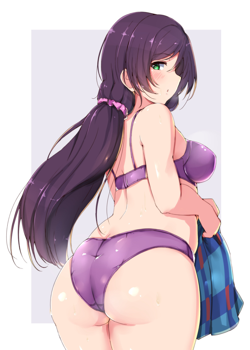 ass blush female from_behind green_eyes huge_ass love_live! love_live!_school_idol_project plaid_skirt plump purple_bra purple_hair purple_panties purple_underwear shinonon_(iso_shino) side_mouth skindentation sweating toujou_nozomi underwear_only undressing