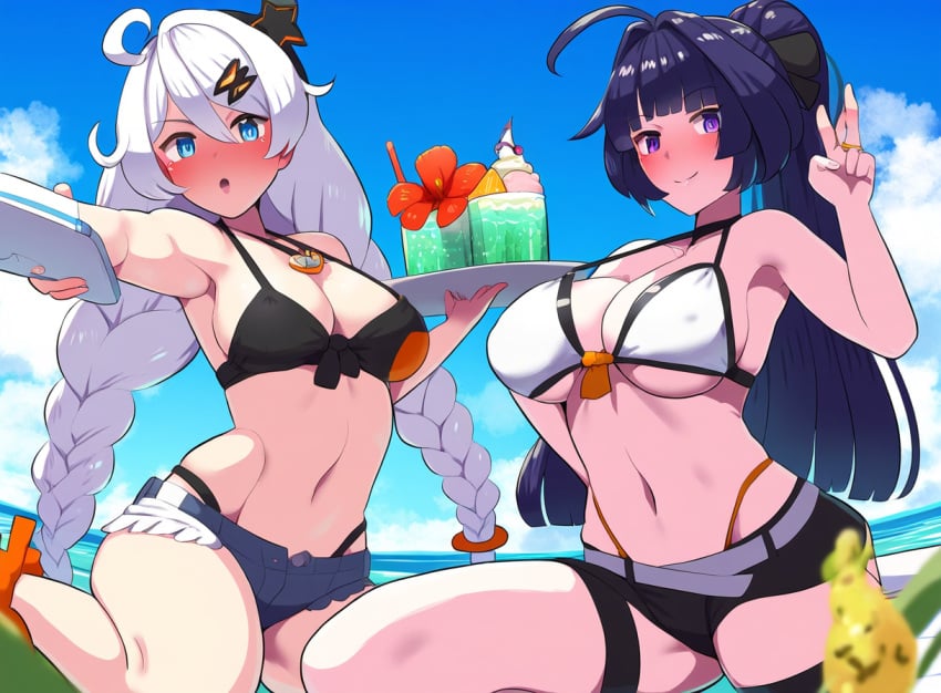 2girls ai_generated bikini blue_eyes boris_(noborhys)_(style) honkai_impact_3rd kiana_kaslana long_hair raiden_mei reza3344 violet_hair