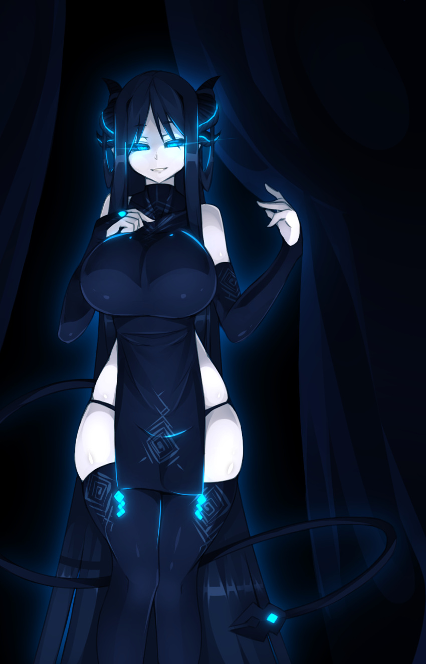 blue_eyes blue_hair breasts clothed clothed_female dark_background demon demon_girl demon_horns demon_tail demoness fancy_clothing female_only glowing_eyes large_breasts looking_at_viewer non_nude pale-skinned_female pale_skin smile smile_at_viewer sub-res thick_thighs