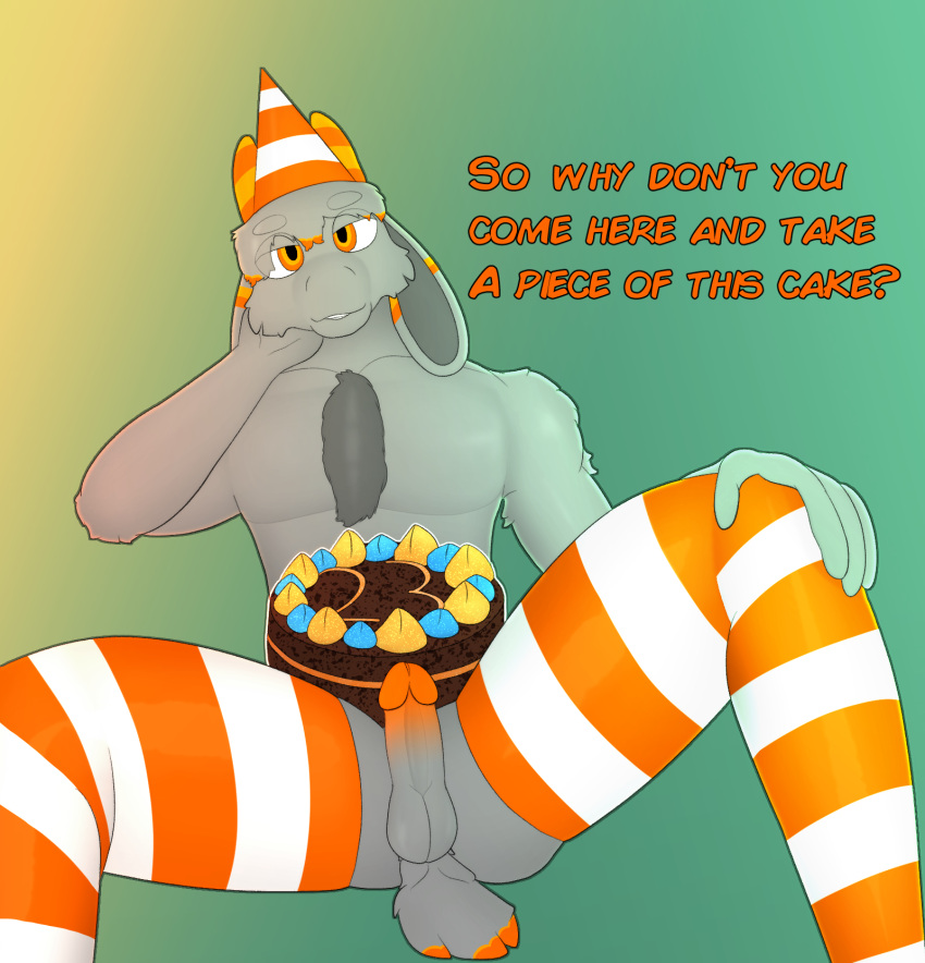 anthro balls birthday birthday_cake body_hair bovid cake caprine chest_hair clothing dessert floppy_ears food fur genitals glans goat grey_body grey_fur gusta gusta_(gusta) hair hat headgear headwear hi_res horn legwear male mammal mostly_nude orange_clothing orange_eyes orange_glans orange_horn orange_legwear orange_stripes orange_thigh_highs party_hat pattern_clothing pattern_legwear pattern_thigh_highs penis solo striped_clothing striped_legwear striped_thigh_highs stripes tail thigh_highs