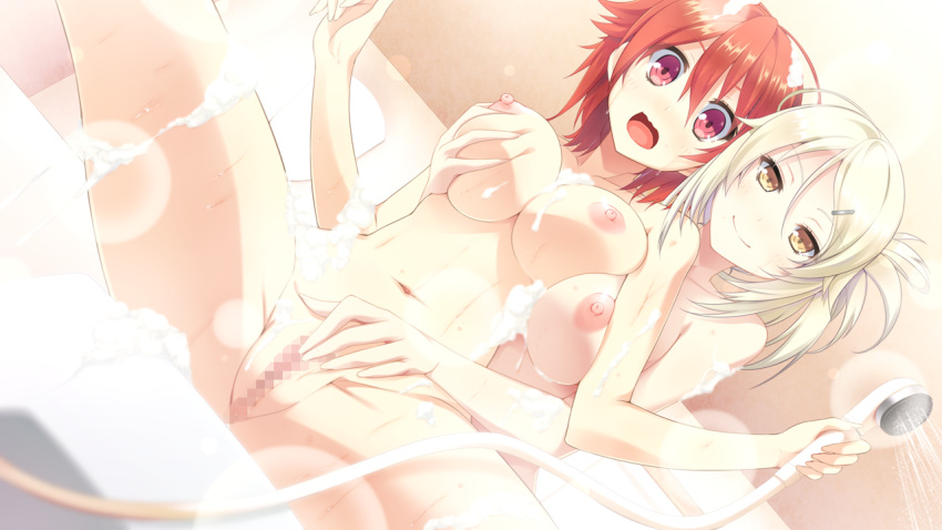 2girls ahoge bathroom breast_grab breast_press breasts censored dutch_angle female fingering game_cg hair_ornament hairclip large_breasts mosaic_censoring multiple_girls navel nezuya_yako nipples nude open_mouth pussy red_eyes red_hair seisai_no_resonance shower shower_head sitting spread_legs takatou_kanae tel-o wavy_mouth wet yellow_eyes yuri