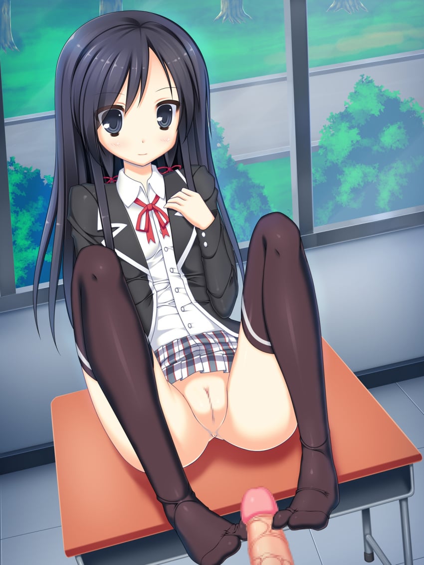 black_eyes black_hair censored desk feet footjob long_hair mosaic_censoring my_teen_romantic_comedy_snafu no_panties no_shoes ochinsama penis pointless_censoring pussy school_uniform skirt thighhighs toes yukinoshita_yukino