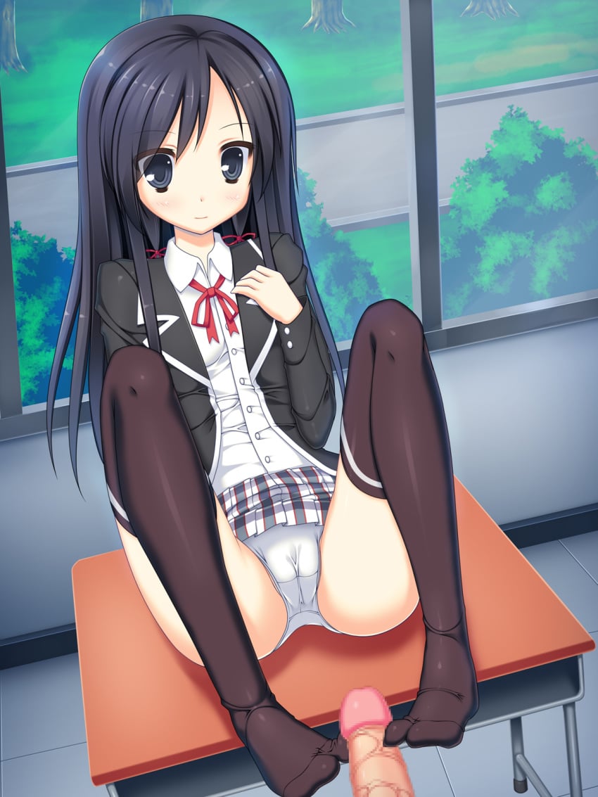 black_eyes black_hair censored desk feet footjob footjob_with_footwear long_hair mosaic_censoring my_teen_romantic_comedy_snafu no_shoes ochinsama panties penis pleated_skirt pointless_censoring school_uniform skirt thighhighs toes underwear window yukinoshita_yukino