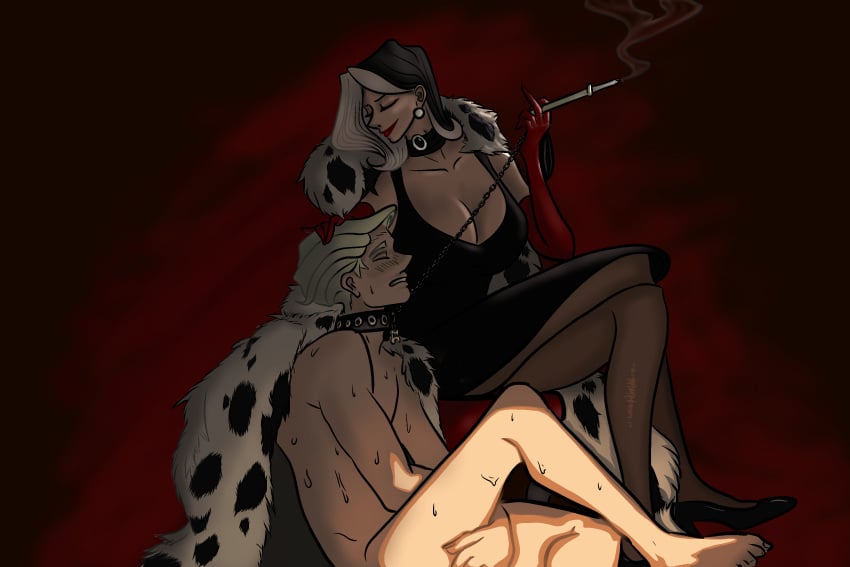 , 101_dalmatians 1boy black_and_white_hair cfnm choker cigarette cigarette_holder cleavage collar cruella_de_vil earrings female femdom fur_coat gloves leash lipstick pantyhose petplay red_lipstick reshaflame roger_dearly_(101_dalmatians), smoke stiletto_heels sweat