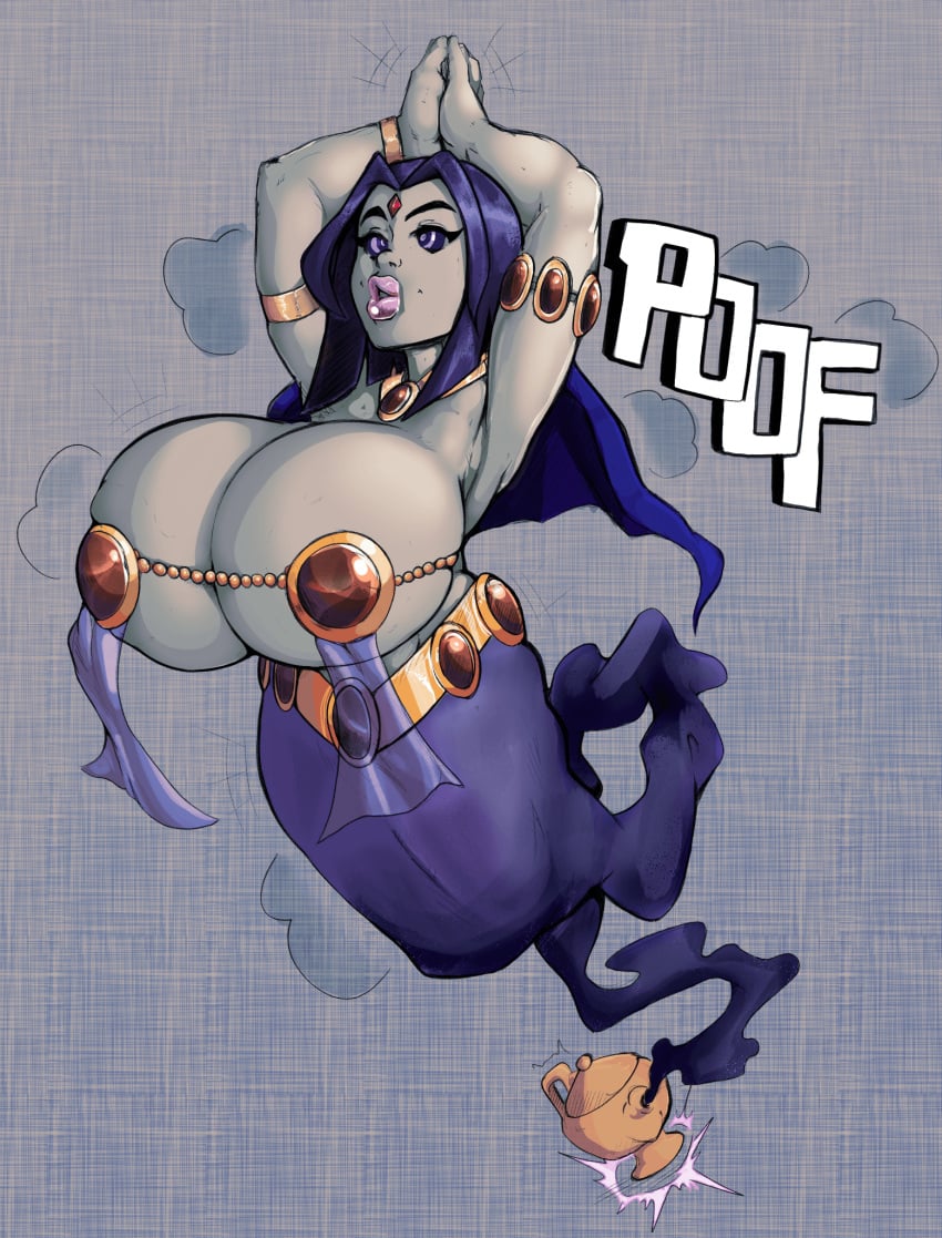 areolae arms_above_head arms_up big_breasts big_lips bra breast_expansion breasts_bigger_than_head commission covered_nipples dc dc_comics edit edited english_text expansion female female_only genie genie_girl genie_lamp genie_transformation harem_outfit hypnosis inflation jewelry lips magic_lamp mind_break mintymethod motion_lines rachel_roth raven_(dc) reliusmax smiling solo solo_female teen_titans text third-party_edit transformation