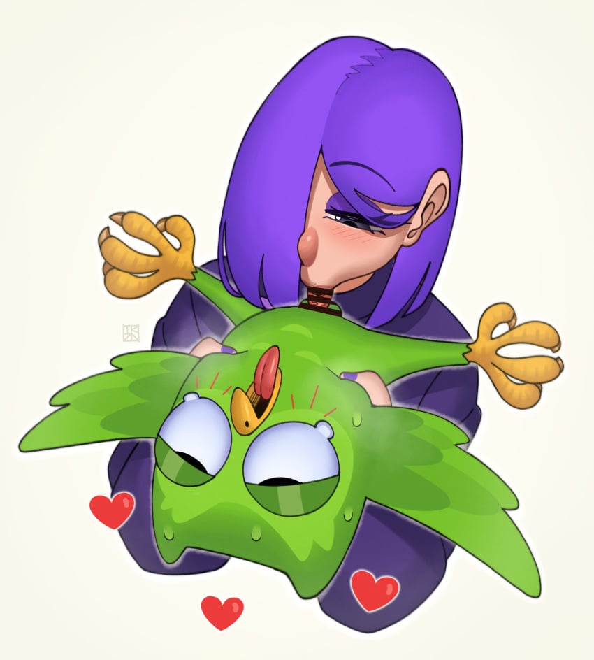 1boy 1girls bar_censor beak beastiality bird blowjob censor_bar censored censored_penis duo_(duolingo) duolingo eyebrows_visible_through_hair fellatio female hair_over_one_eye lily_(duolingo) open_mouth owl purple_eyelids purple_fingernails purple_hair purple_hair_female purple_nails simple_background takyzen tongue tongue_out wings woman