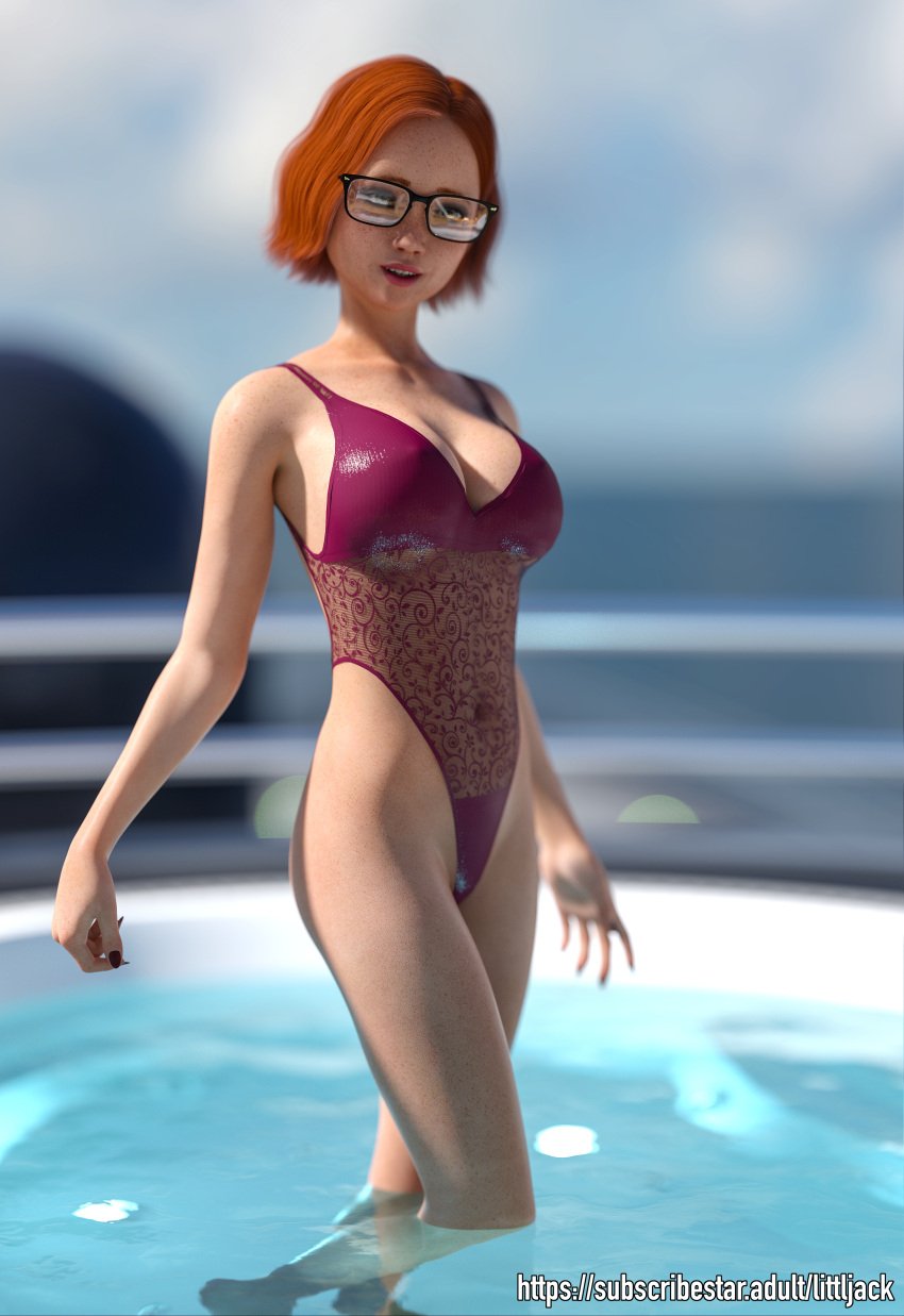 3d 3d_(artwork) bath bathing bathtub cleavage daz3d daz_studio glasses high_cut_swimsuit littljack medium_breasts nerd pia_(littljack) red_hair slender_body smile smiling swimsuit teenage_girl teenager transparent_clothing