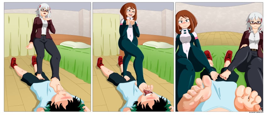 arlioth barefoot bed bedroom cooperative_footjob denki_anma dominant_female female footjob footjob_over_clothes fuyumi_todoroki izuku_midoriya midoriya_izuku my_hero_academia ochako_uraraka older_woman_and_younger_boy shorter_male standing_footjob stepped_on stepping_on_penis submissive_male taller_girl teamwork trample trampling uraraka_ochako uraraka_ochako_(hero_outfit)