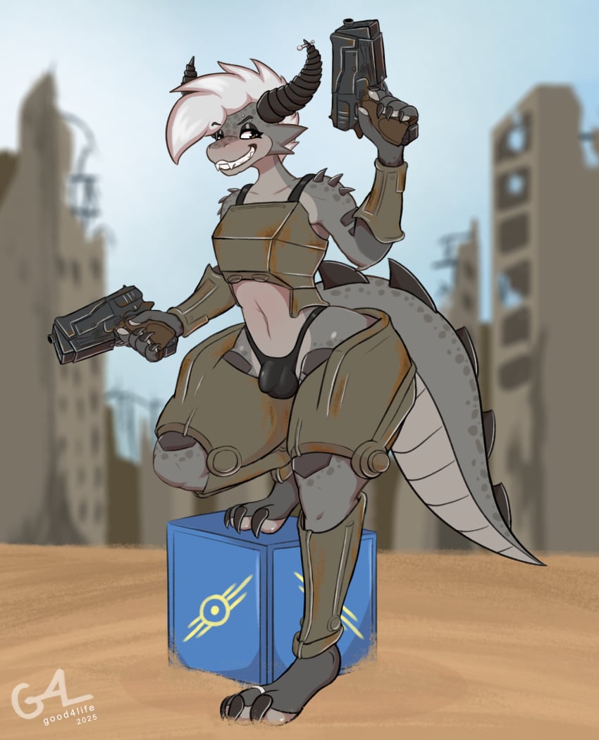 10mm absurd_res anthro armor bulge clothed clothing deathclaw detailed_bulge fallout femboy gauntlets gevaudan_(good4life4ever) gloves good4life4ever gun handwear hi_res horn machine male microsoft piercing power_armor ranged_weapon scales scalie skimpy smile solo tail thick_thighs unconvincing_armor vault-tec_logo wasteland weapon wide_hips