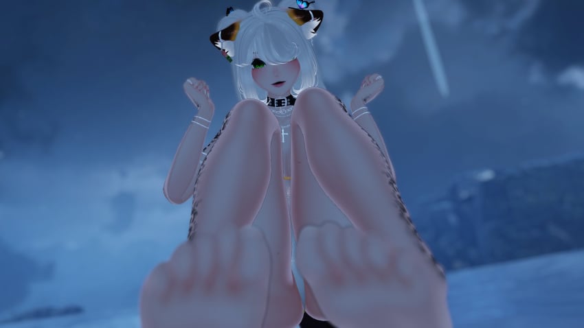 3d animal_ears blurred_background blurry_background feet female female_only green_eyes hair_covering_one_eye light-skinned_female light_skin outdoors outside pale-skinned_female pale_skin sayamelon solo tagme unity_(engine) vrchat vrchat_avatar vrchat_media vrchat_model white_hair white_sclera