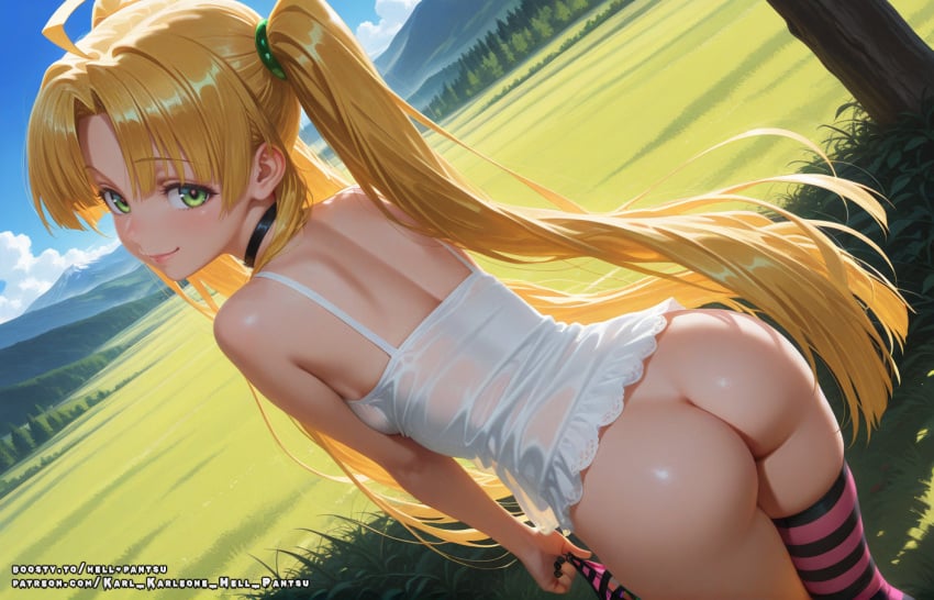 ahoge ai_generated asia_argento blonde_hair female green_eyes hell-pantsu high_school_dxd