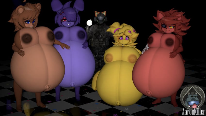 1boy 3d 4girls big_belly bonfie breasts cally3d chiku fexa five_nights_at_freddy&#039;s fredina&#039;s_nightclub frenni_fazclaire hyper_pregnancy naked_female nipples pregnant pregnant_female source_filmmaker