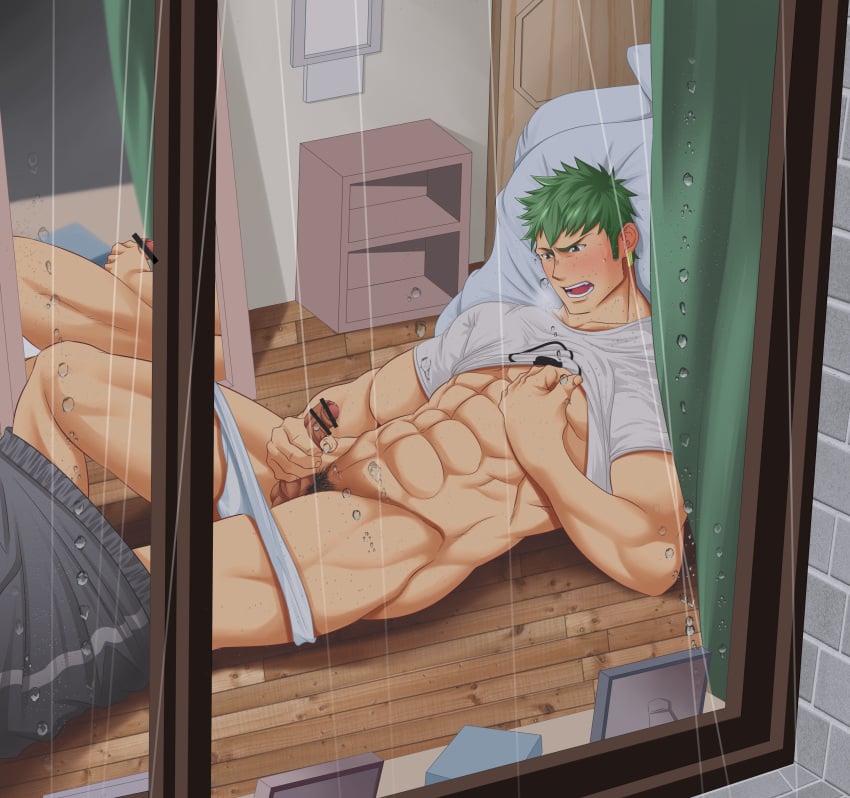 1boy abs ass_visible_through_thighs balls bara bedroom beefy black_eyes blush bottomless bs_teppei burning_soul censor_bar censored censored_penis clothed clothes_lift collarbone curtains dark_penis earrings eight_pack erection fingernails folded_leg foreskin foreskin_folds from_outside frown gay green_hair hi_res holding_penis hunk imminent_orgasm indoors jerking looking_at_penis lying lying_on_back lying_on_ground male male_only manly masturbation mature_male mirror mirror_reflection muscles muscular muscular_arms muscular_legs muscular_male muscular_thighs one_piece one_piece_hungry_days open_legs open_mouth panting pants_down pecs penis pinching_nipples precum precum_drip pubic_hair quadriceps rain raindrops raining red_glans roronoa_zoro shadow short_hair six_pack solo steam steamy_breath sweat sweatdrop thick_arms thick_neck thick_thighs tough_guy uncut underwear_down very_high_resolution window wooden_floor yaoi young