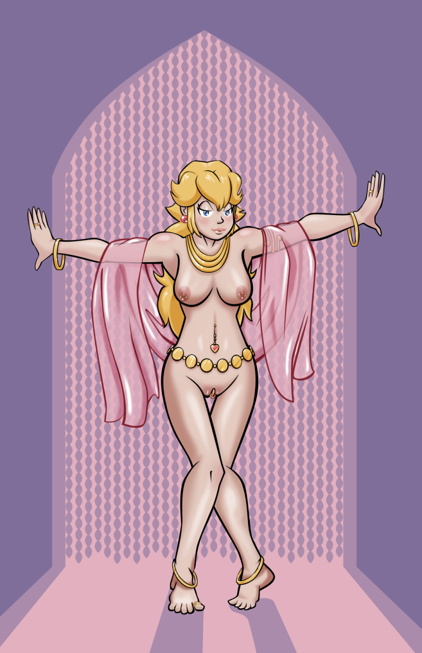 barefoot belly_dancer belly_dancer_outfit blonde_hair breasts bugaboo clitoris_piercing earrings feet harem harem_girl harem_outfit jewels long_hair mario_(series) navel navel_piercing nintendo nipple_rings nipples nude piercing princess_peach pussy toe_ring toes