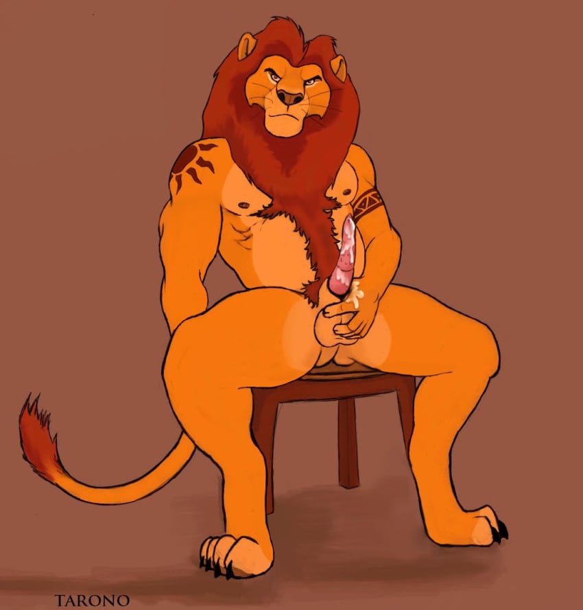 angry balls barbs chair cum disney erection feline feline_penis furry lion looking_at_viewer male male_only mane masturbation mufasa muscles no_humans nude penis plain_background sitting solo tarolyon tattoo the_lion_king