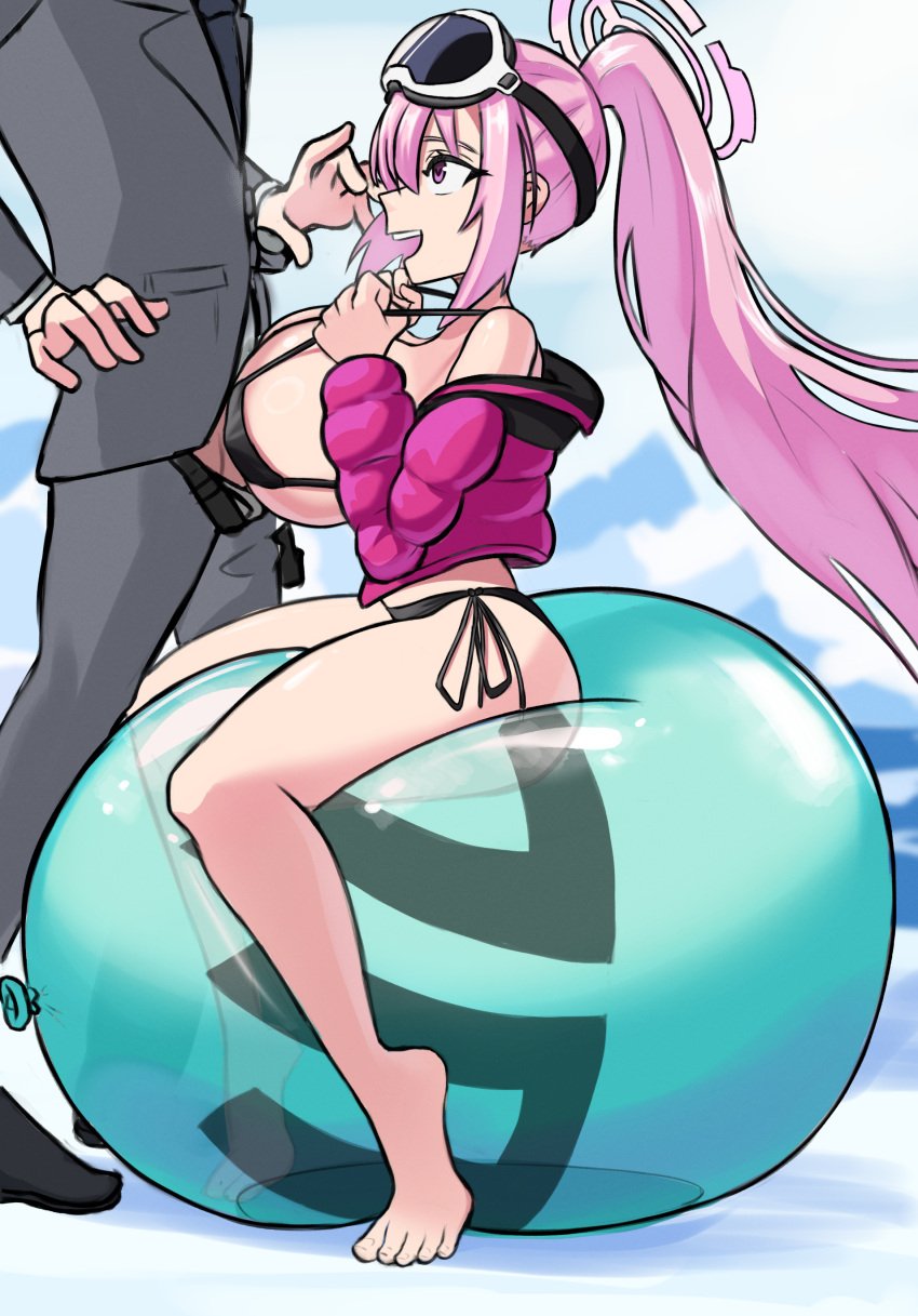 balloon balloon_fetish bikini bikini_bottom bikini_top blue_archive clothed_sex coat eimi_(blue_archive) eimi_(swimsuit)_(blue_archive) engulfing_paizuri genericlooner halo happy happy_paizuri jacket paizuri paizuri_under_clothes perpendicular_paizuri pink_hair ponytail sensei_(blue_archive) side_view