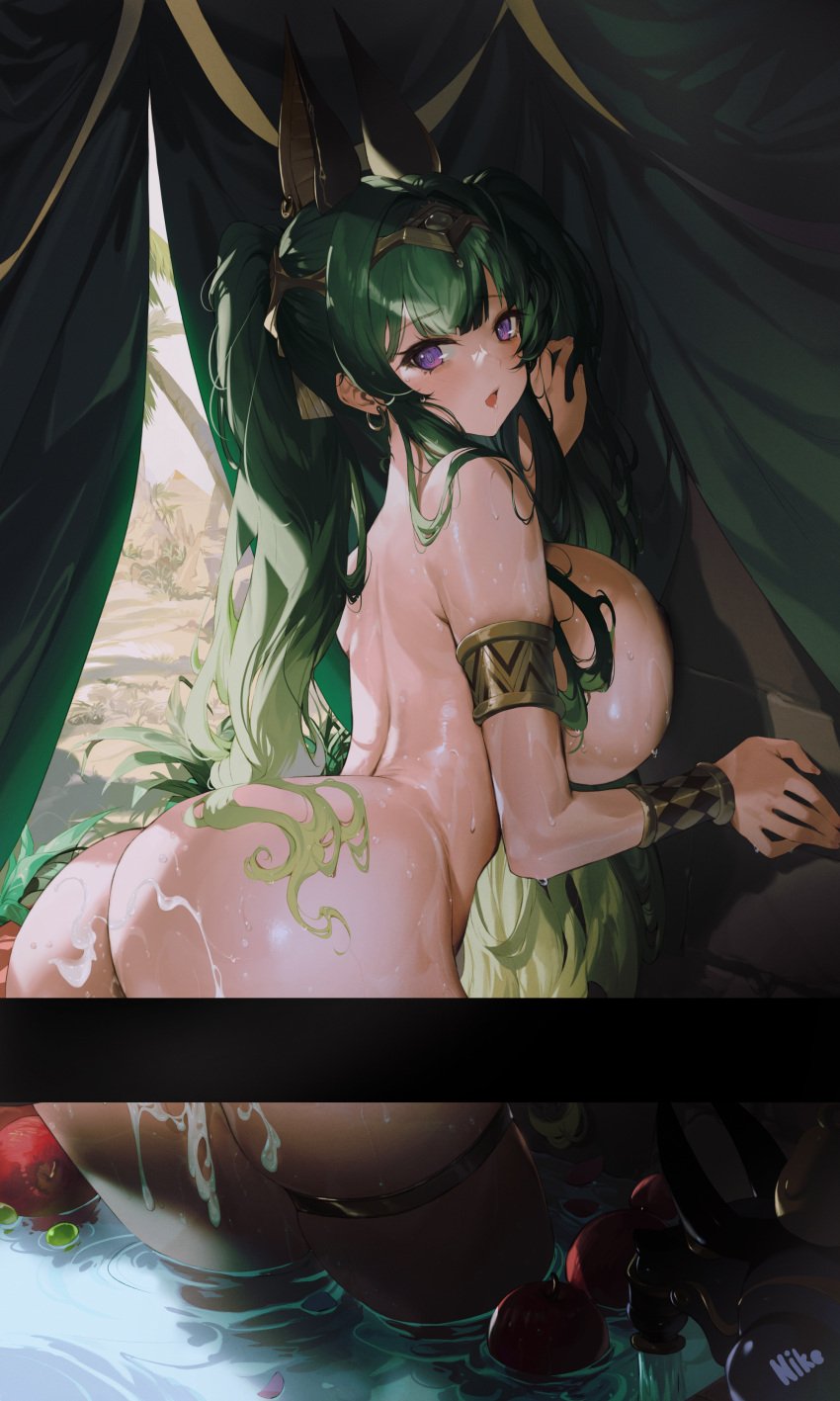 absurdres apple artist_name ass azur_lane bar_censor breasts censored commentary_request female food fruit grapes green_hair highres huge_breasts indoors long_hair maggiore_baracca_(azur_lane) maggiore_baracca_(the_god_craves_punishment)_(azur_lane) nike_(nike1060) official_alternate_costume open_mouth purple_eyes solo thigh_strap very_long_hair