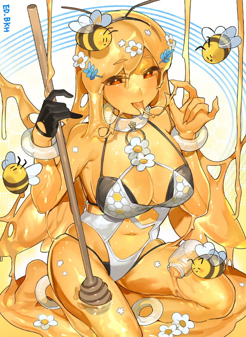 bee beehive bikini breasts bug colored_skin female flower gloves hachimitsu hair_flower hair_ornament half_gloves highres honey honey_dipper insects jar large_breasts looking_at_viewer monster_girl non-human original red_eyes sakoku_(oyatsu3ji_) see-through_body slime_(substance) slime_girl swimsuit white_flower