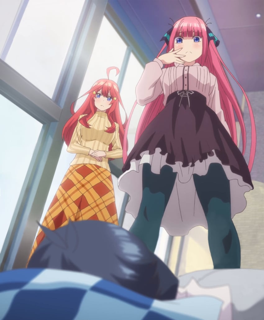 1boy 2girls arrogant assertive_female blue_eyes calves clothed dominant_female from_below full_body go-toubun_no_hanayome haughty hime_cut jumper knees large_breasts legs light_skin long_hair medium_breasts nakano_itsuki nakano_nino niña_pija official_art ojou-sama ojou-sama_pose pink_hair posh_girl red_hair ribbons screencap screenshot skirt stockings straight_fringe thighs uesugi_fuutarou wide_hips wide_stance