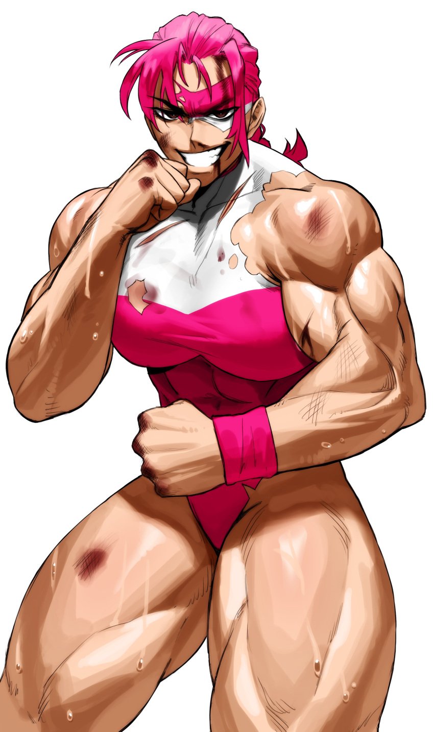 1girls absurd_res black_eyes commission dead_estate eye_mask female female_only fighting_stance leotard looking_at_viewer muscles muscular muscular_female muscular_thighs narrowed_eyes pink_hair scratches smiling smiling_at_viewer solo sotcho sweat teeth_showing torn_clothes white_background wristband yu_"fuji"_fujiwara