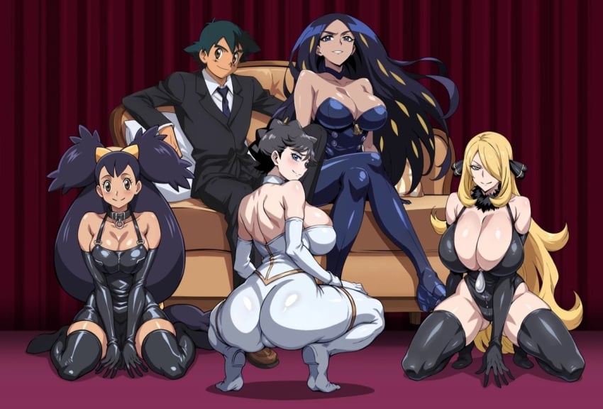 big_ass big_breasts black_hair blonde_hair couch cynthia_(pokemon) dark_skin diantha_(pokemon) geeta_(pokemon) iris_(pokemon) pokemon pokemon_(anime) pokemon_bw pokemon_dppt pokemon_sv satoshi_(pokemon) tuxedo yxyyxy