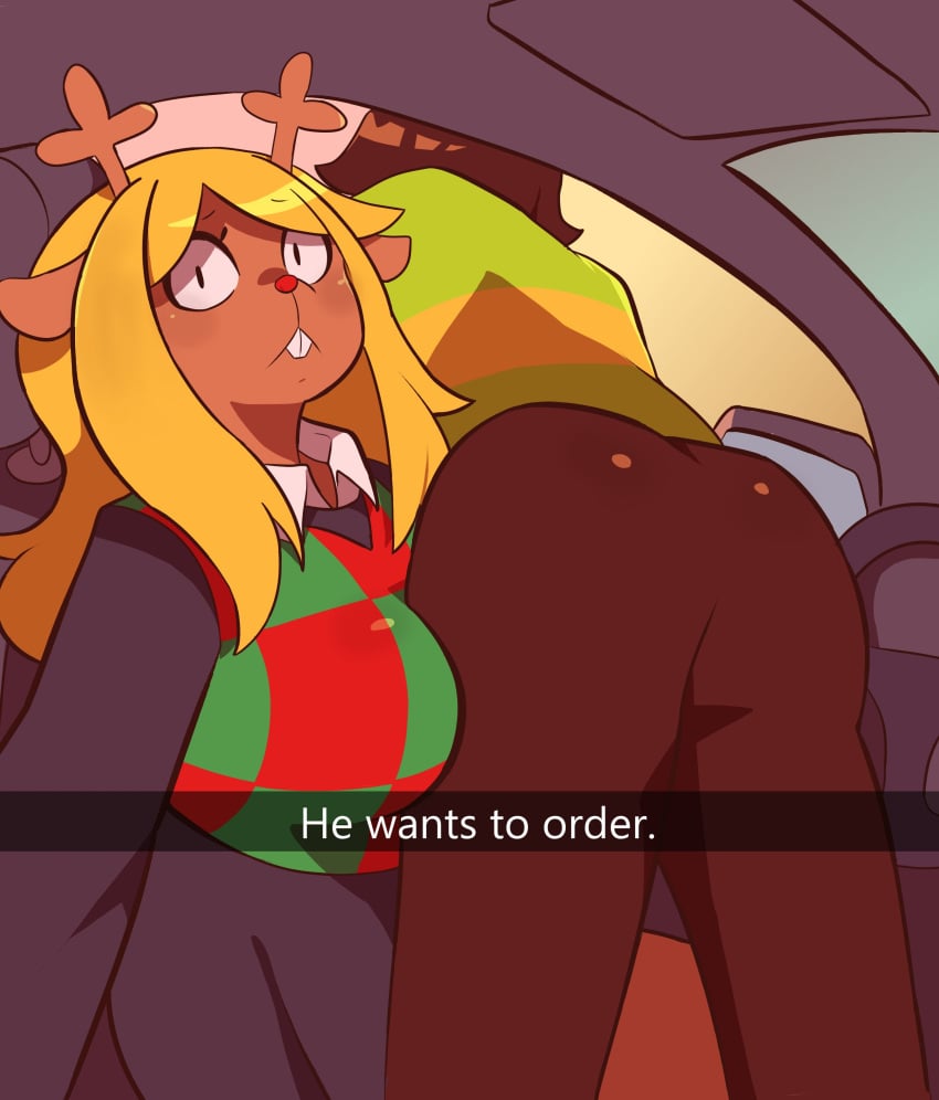 anthro ass ass_focus ass_shot ass_up blonde_hair brown_pants buckteeth caption car clothed clothed_female clothed_male deltarune drive_thru driving english_text female female_anthro green_sweater he_wants_to_order high_resolution human kris_(deltarune) male male_focus male_human noelle_holiday reindeer reindeer_antlers samirachuni selfie skirt snout surprised surprised_expression tagme undertale_(series)