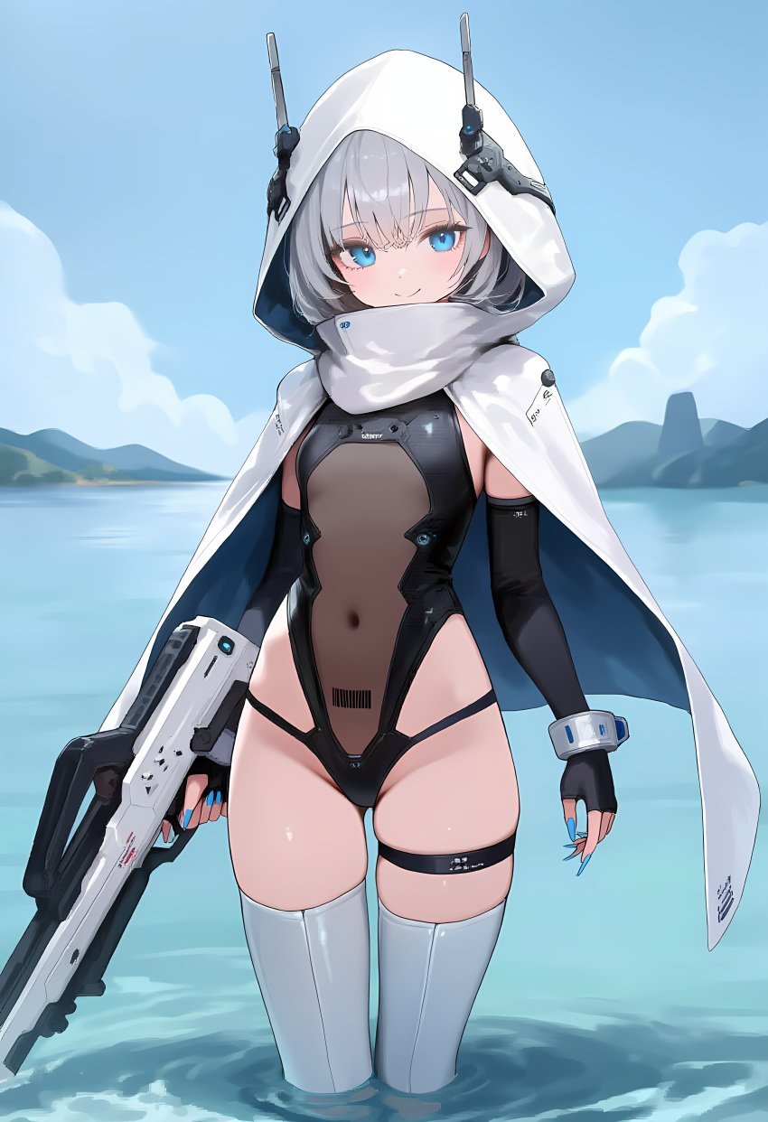 1girls ai_generated antennae barcode blue_eyes blue_nails bracelet cape elbow_gloves gun hood hood_up island leotard long_nails navel novelai one-piece_swimsuit open_front_leotard panty_straps pubic_tattoo rifle scarf science_fiction see-through_clothing silver_hair small_breasts standing_in_water thigh_boots thigh_strap thighhighs tropical white_cape white_hood